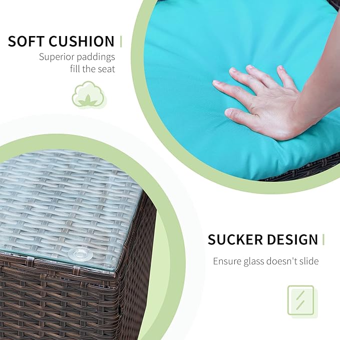 Greesum 3 Pieces Patio Furniture Sets Outdoor PE Rattan Wicker Chairs with Soft Cushion and Glass Coffee Table for Garden Backyard Porch Poolside, Brown and Blue