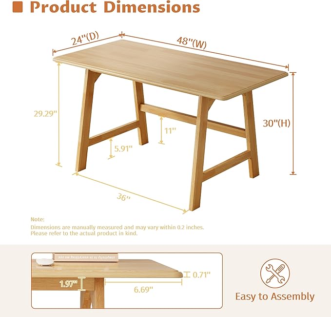 IOTXY Solid Wood Writing Table - 48" W x 24" D Minimalist Computer Desk for Home Office, Work, Study, Creativity, and PC Workstation, Oak