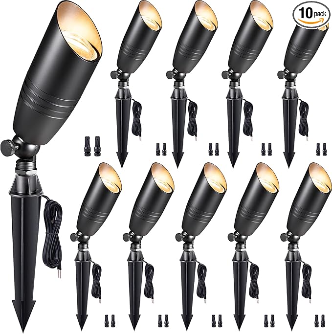 Low Voltage Spotlight LED - 12V Black Outdoor Light Fixture Weather Proof, Brass Landscape Lights Hardwired, Coastal for Flag Sign Without Bulbs (10 Pack)