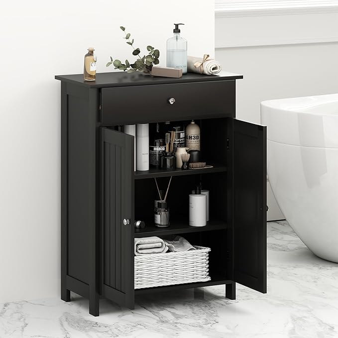 Tangkula Bathroom Storage Cabinet, Freestanding Floor Organizer w/ 2 Doors, 1 Drawer & 1 Adjustable Shelf, Modern Home Bathroom Furniture for Living Room Entryway Kitchen (Cabinet & Drawer, Black)