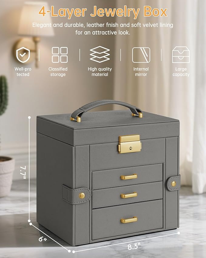 AKOZLIN 4-Tier Jewelry Box Leather Jewelry Storage Organizer with 3 Drawers Lockable for Women Girls Ring Necklace Earring Bracelet Holder with Mirror Dark Grey
