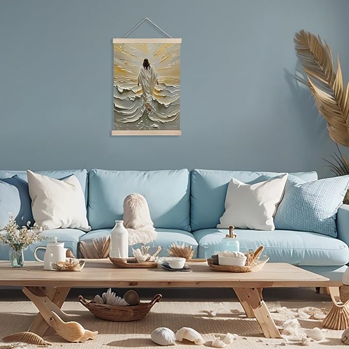 YTRG Jesus Wall Art, Bible Verse Wall Decor, Jesus Walking on Water Canvas Prints Framed Decor for Home Living Room Bedroom, 12x16 In