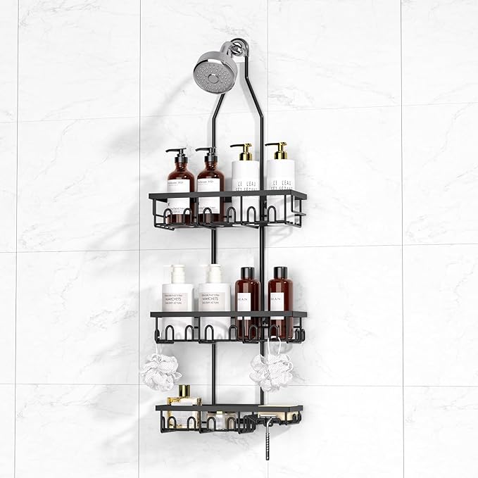 Shower Caddy,Rustproof Shower Shelves Over Shower Head,Extended Length shower rack with Soap Holder,Black
