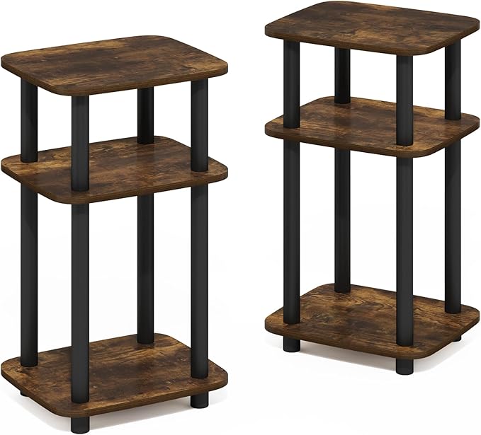 Furinno Just 3-Tier Turn-N-Tube Curve End Table, Side Table, 2-Pack, Amber Pine/Black
