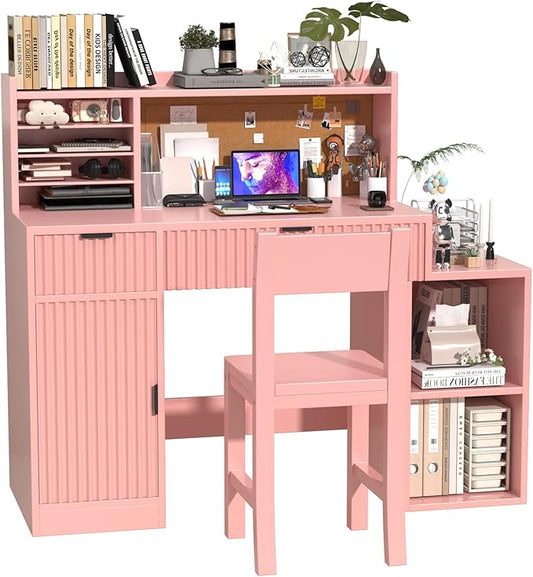 Pink Wooden Kids Fluted Desk and Chair Set,Kids Study Table and Chair Set with 2 Fluted Drawers,Kids Study Desk with 3 Storage Cabinets,Girls Study Desk for Kids with Hutch for Bedroom-Fa2Ox7