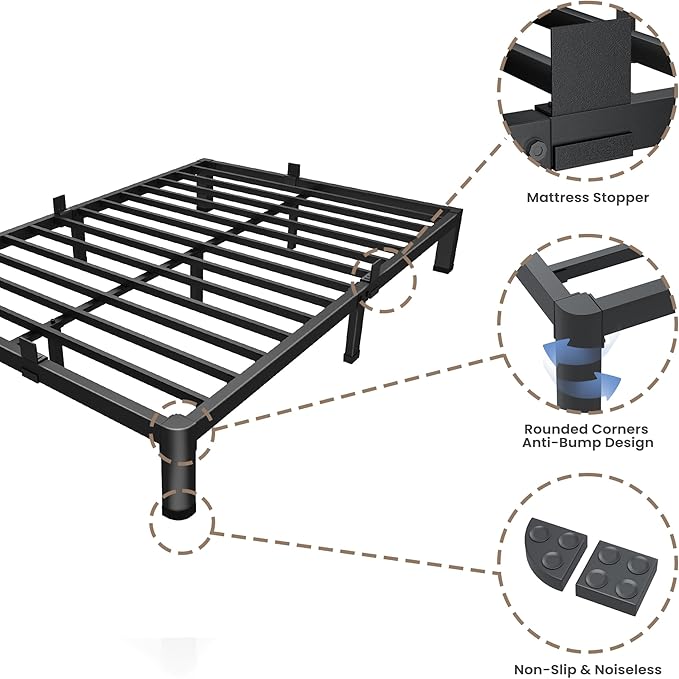 ROIL 7 inch King Size Bed Frame Metal Platform No Box Spring Needed with Round Corner Legs Mattress Stoppers Retainers 3500LBS Heavy Duty Steel Slats Noise-Free Easy Assembly