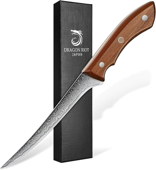 DRAGON RIOT Damascus Boning Knife 6 inch, Professional VG-10 Steel Japanese Fillet Knife, Flexible Deboning Knife,Kitchen Trimming Knife with Ergonomic Wood Handle, Premium Gift Box