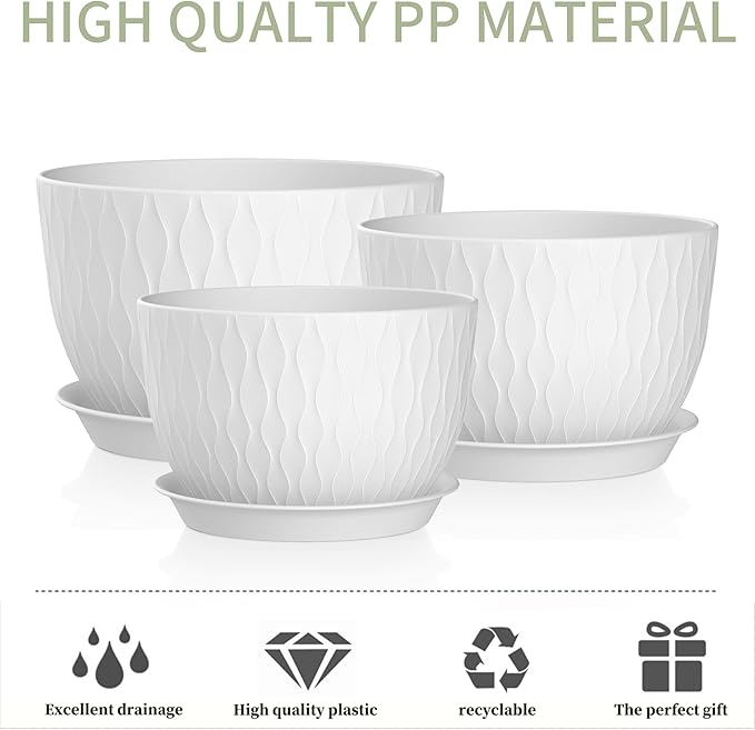 12/10/9 Inch Plant Pots, 3 Pack Large Flower Pots for Indoor and Outdoor Plants with Water Ripples, Large Plastic Flower Pots with Drainage Holes and Tray for Garden Indoor Plants,White