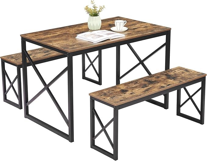 VECELO Kitchen Table with 2 Benches for 4, Wood Dining Room Dinette Sets for Breakfast Nook and Small Space, Brown