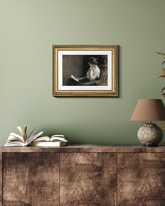 VIYYIEA Gold Framed Wall Art Canvas Print Home Decor Portrait Art Woman Sitting Reading Vintage Art Room Aesthetic Mid Century Lady Elegant Print Farmhouse Oil Painting Wall Decor for Bedroom 11x14in