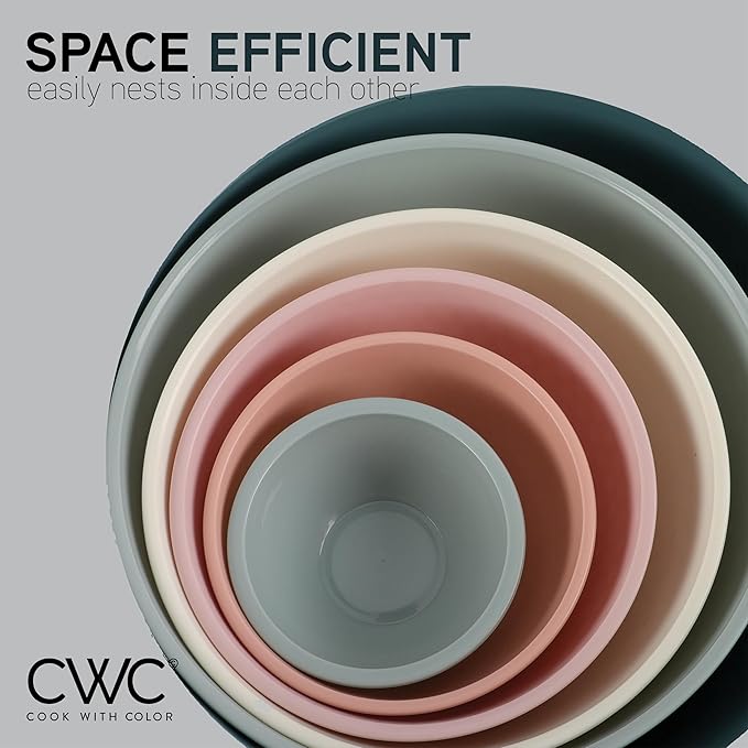 COOK WITH COLOR Mixing Bowls with Lids - 12 Piece Plastic Nesting Bowls Set includes 6 Prep Bowls and 6 Lids, Non Slip Bottom and Embossed Design - Microwave Safe (Teal)