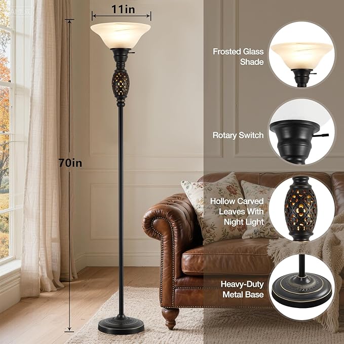 Vintage Floor Lamp with Nightlight, 70" Rustic Standing Lamp with Glass Shade, Victorian Style Tall Lamp Decor for Living Room Bedroom Study Home Office Corner (Bulb Included)