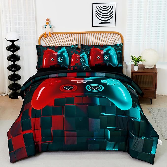 PERFEMET Boys Bedding Set Full 6 Pieces Red and Teal Video Game Kids Bed in A Bag 3D Cool Soft Lightweight Girls Teens Gamer Bed Set with Sheets(Red Teal, Full)