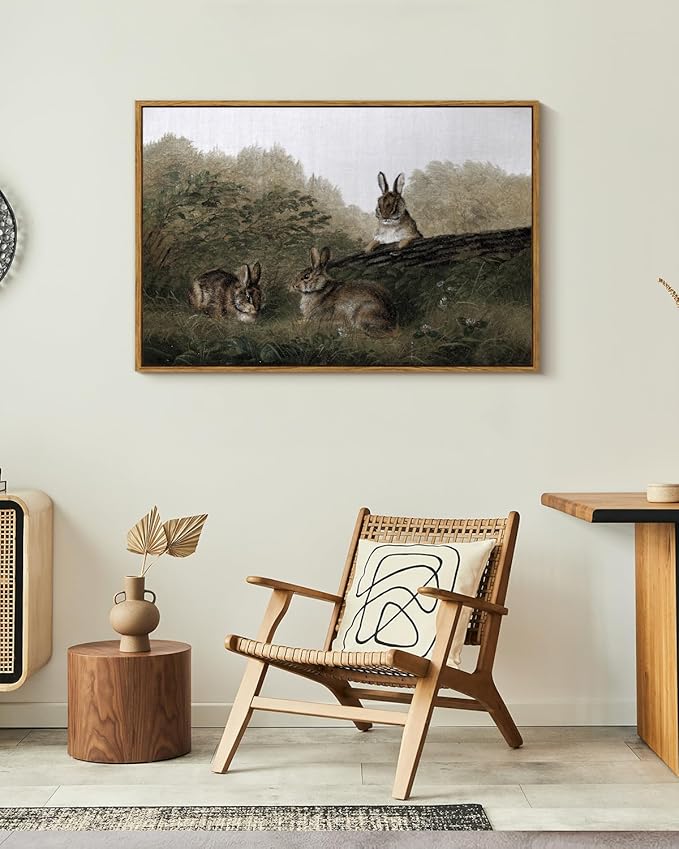 InSimSea Framed Wall Art for Living Room Three Rabbits with Vintage Wall Art Decor Animal Landscape Oil Painting Colorful Multicolor for Living Room Bedroom Office Wall Decor 24x36in