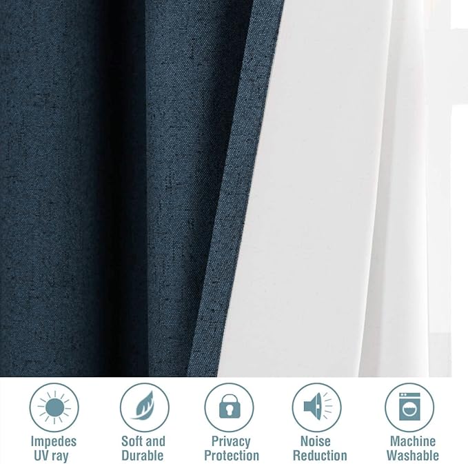 H.VERSAILTEX Linen Blackout Curtains 45 Inches Long 100% Absolutely Blackout Thermal Insulated Textured Linen Look Curtain Draperies Anti-Rust Grommet, Energy Saving with White Liner, 2 Panels, Navy