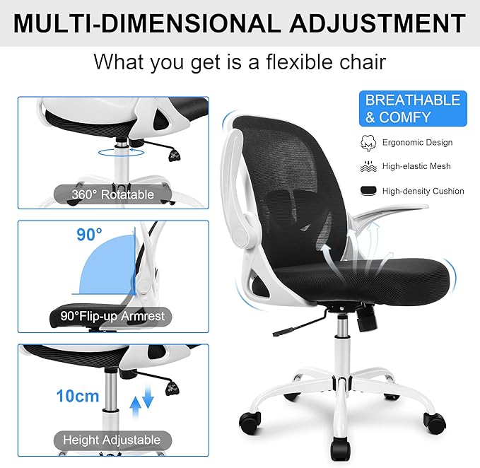 Primy Office Chair Ergonomic Desk Chair with Adjustable Lumbar Support and Height, Swivel Breathable Desk Mesh Computer Chair with Flip up Armrests for Conference Room(White)