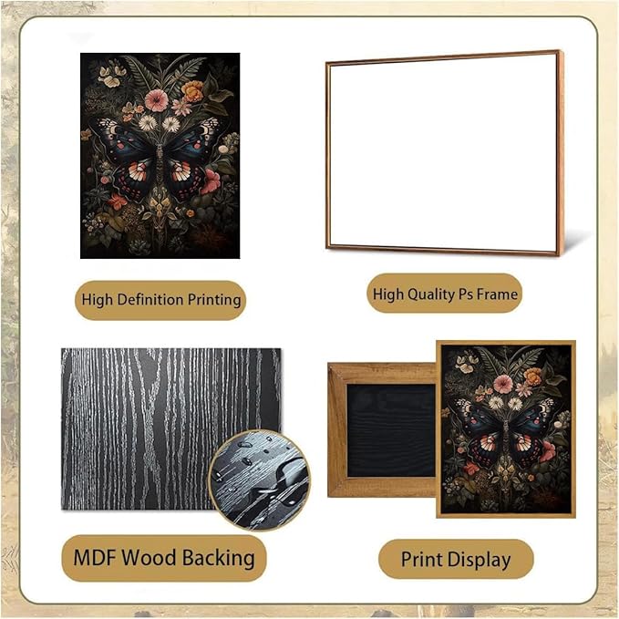 Djmwtb Vintage Framed Wall Art Butterfly Canvas Wall Art Prints Gothic Botanical Floral Pictures Dark Academia Flower Painting Artwork for Living Room Bedroom Bathroom Office 12x16in
