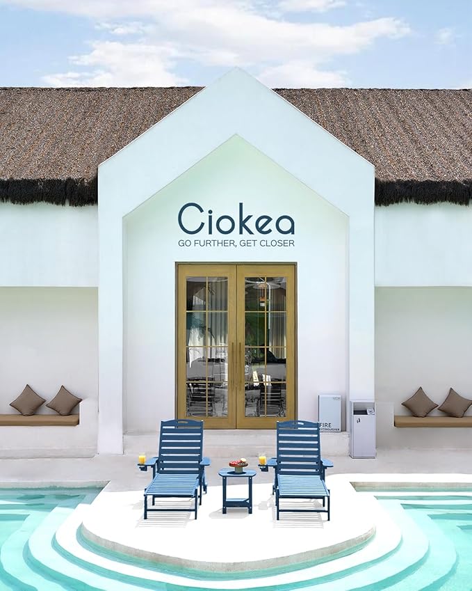 Ciokea Lounge Chair Outdoor, Oversized Chaise Lounge Chair with 5 Positions, HDPE, Patio Lounge Chair with Wheels & Cup Holder for Pool, Deck, Poolside, Azure Blue