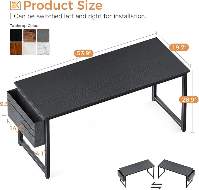 ODK Computer Desk Large Office Desk, 55 Inch Gaming Desk with Storage, Modern PC Desk Work Table with Headphone Hook for Home Office, Black