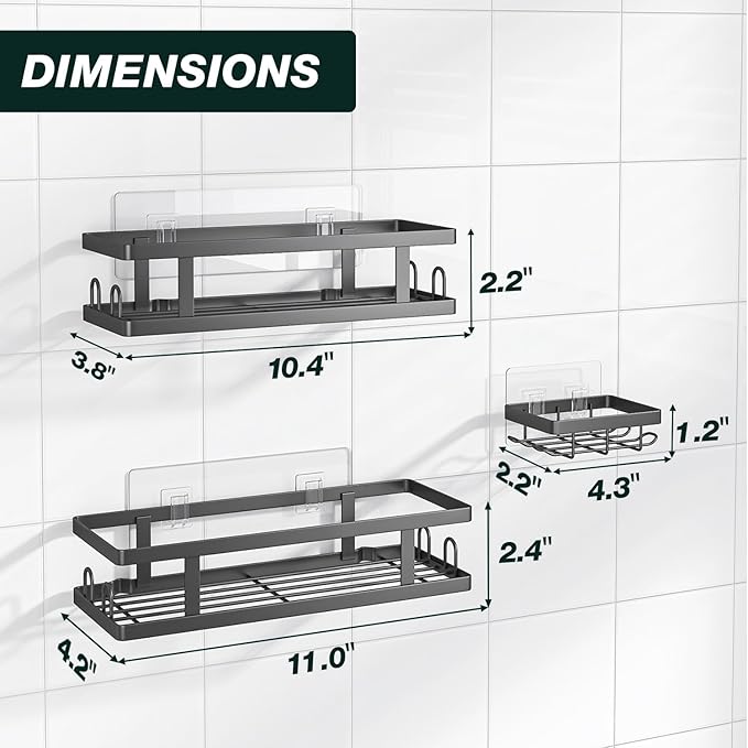 Adhesive Shower Caddy,Shower Shelves with Soap Holder and 12 Hooks,Rustproof No Drilling Bathroom Organizer and Storage,Black,3 Pack