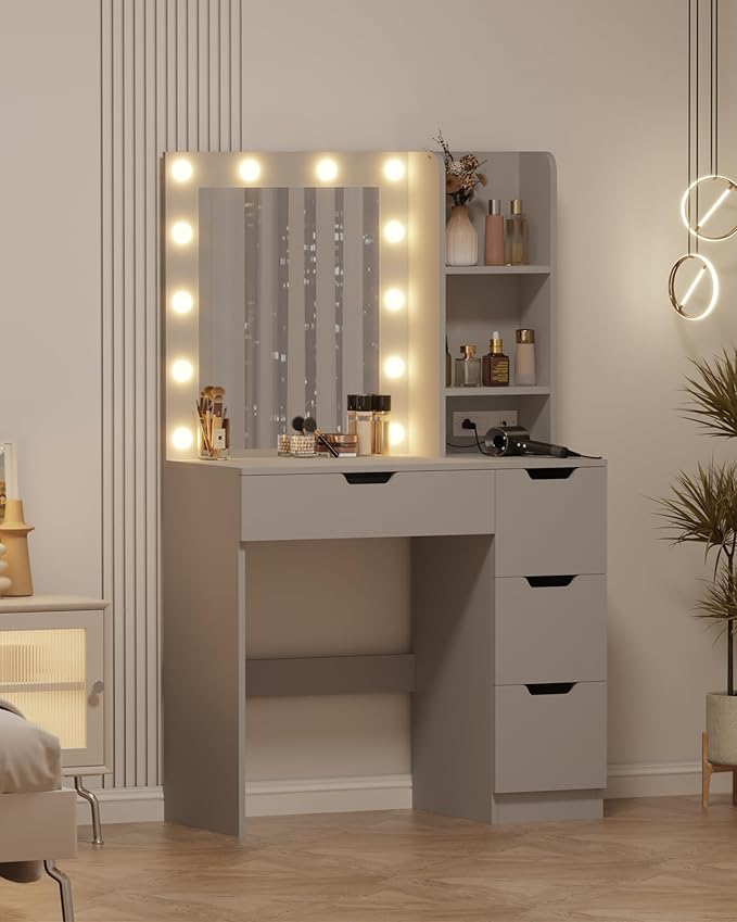 Garvee Vanity Desk with Mirror and Lights - Makeup Vanity Desk with 4 Drawers, Built-in Power Outlet & USB, Adjustable LED Lighting, Makeup Table for Bedroom (Grey)