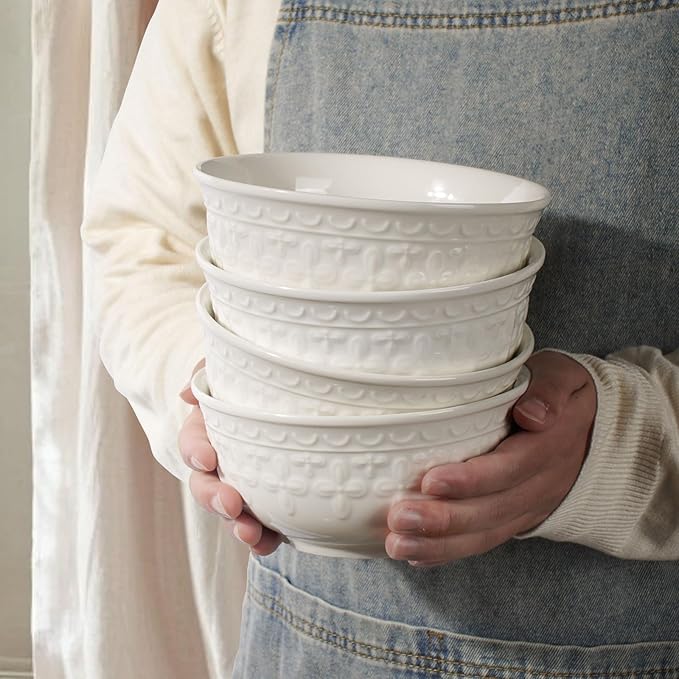 Cereal Bowls Set of 4 - Ceramic Soup Bowls for Kitchen 30 Oz Embossment White Breakfast Bowls for Rice, Pasta, Fruits, Salad, Ramen, 6.25 Inch, Dishwasher & Microwave Safe (Cross Floral)