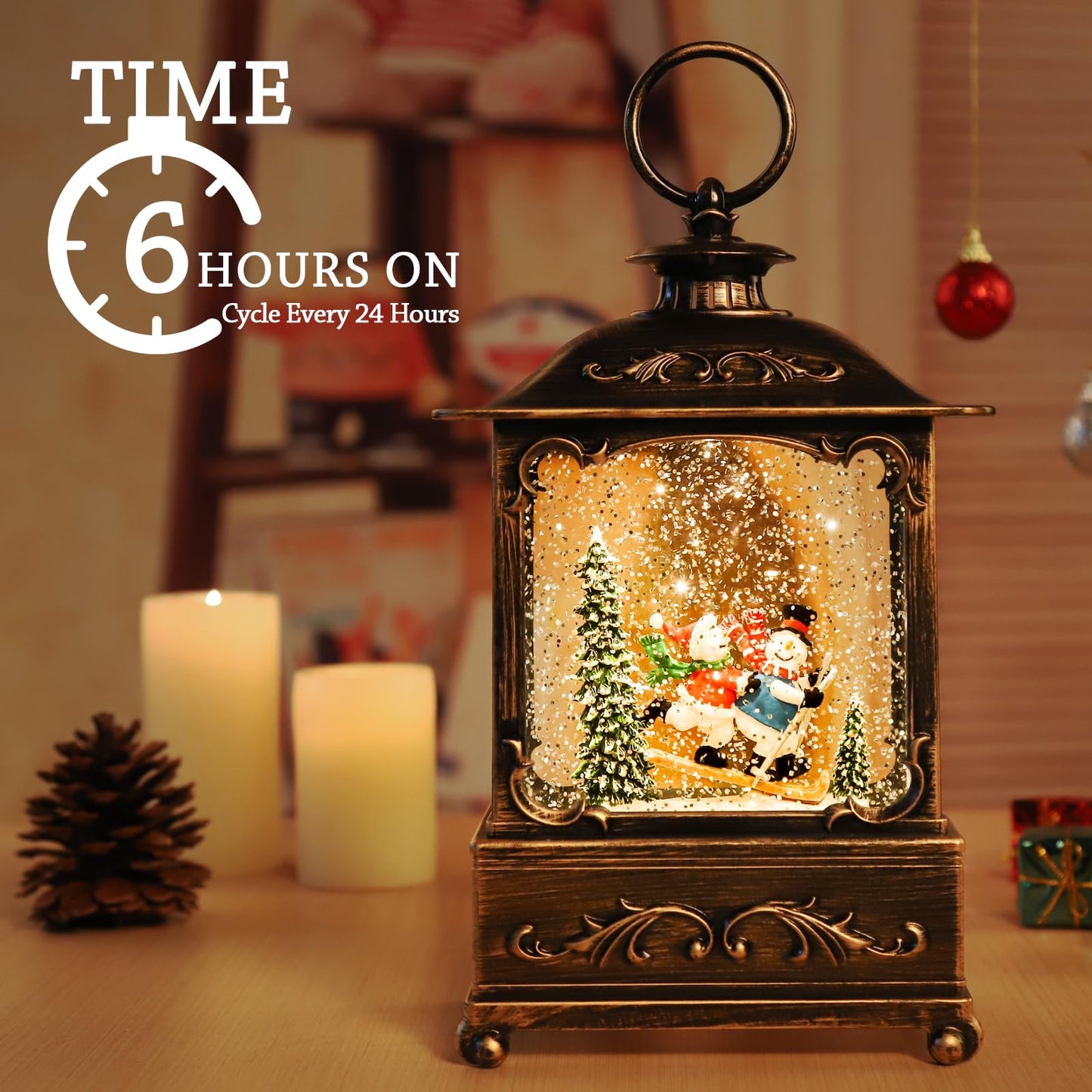 Christmas Snow Globe Lantern Christmas Decorations Water Glittering Lanterns with Music & Timer, USB Lined/Battery Operated Lighted Lantern for Christmas Festival Decoration Gifts (Skiing Snowman)