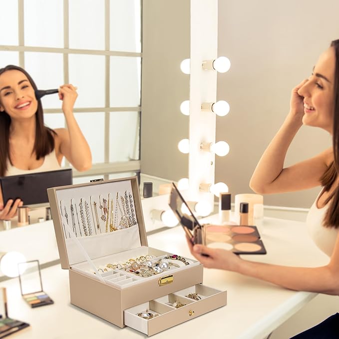 2-Layer Jewelry Box for Women, Jewelry Organizers and Storage with Removable Jewelry Tray, Vintage Quilted Top Lockable Jewelry Holder Gift Box for Girl