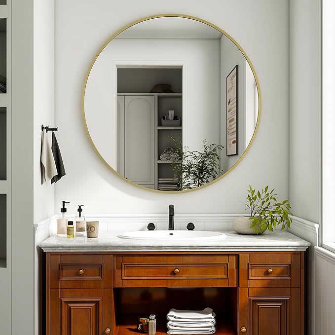 36 Inch Round Mirror - Circle Mirrors for Bathroom, Entryway and Living Room Wall Decor, Modern Hanging Vanity Mirror, Matte Gold Circle Decorative Wall Mirror