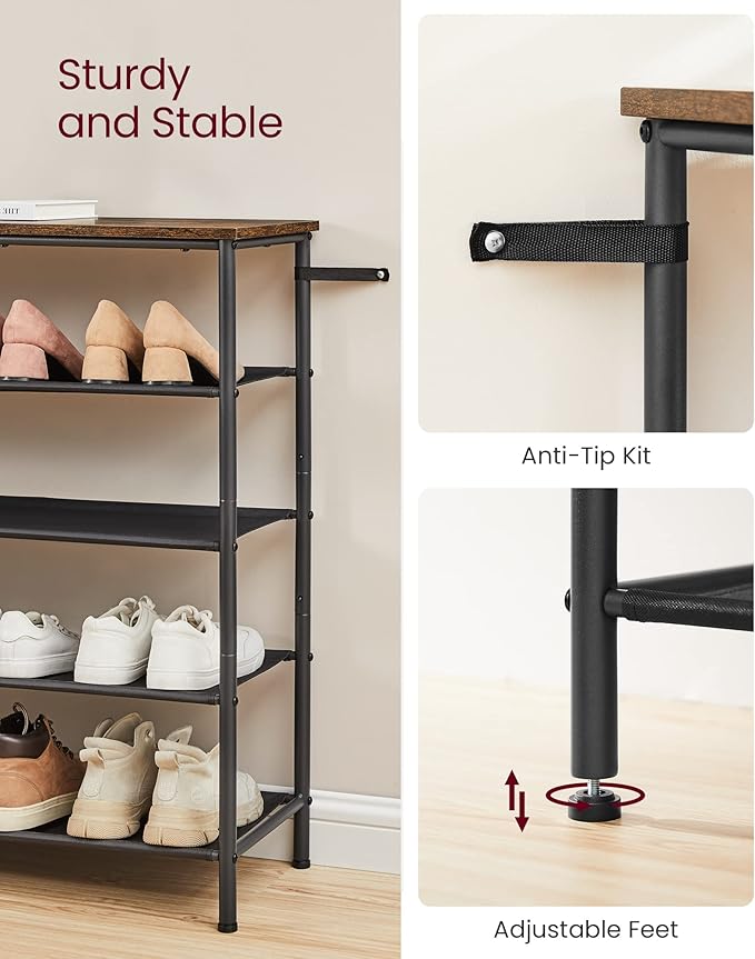 VASAGLE Shoe Rack, 5-Tier Shoe Storage Organizer for Entryway and Closet, Holds 20-24 Pairs of Shoes, 4 Fabric Shelves, Steel Frame, Industrial, Rustic Brown and Black ULBS136B01