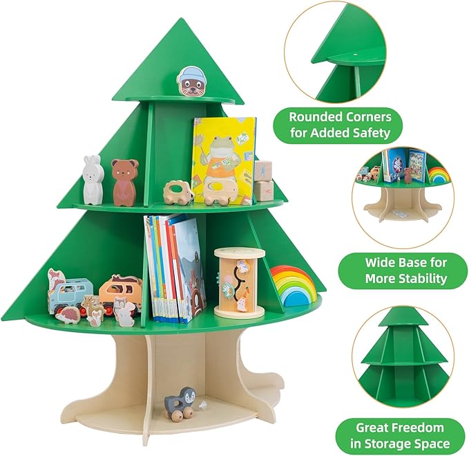 WOOD CITY Kids Bookshelf and Toy Storage Organizer, 2 in 1 Solid Wooden Children Tree Bookcase and Toy Shelf Toddler Storage Display Bookshelf for Kids Room Playroom Bedroom Study Easy Assembly