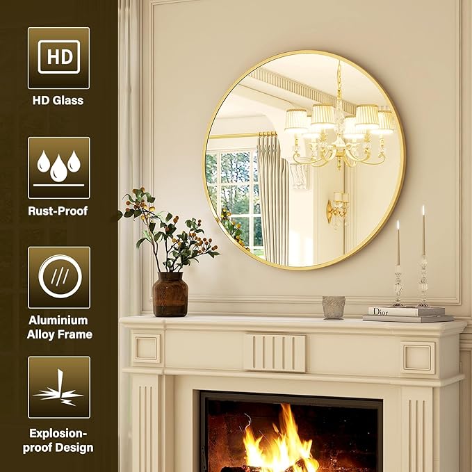 20 Inch Round Mirror - Circle Mirrors for Bathroom, Entryway and Living Room Wall Decor, Modern Hanging Vanity Mirror, Matte Gold Circle Decorative Wall Mirror