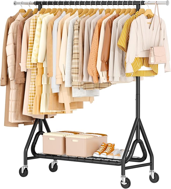 Heavy Duty Garment Rack, Metal Clothes Rack Load 450 LBS, Rolling Clothing Racks for Hanging Clothes with Lockable Wheels, Wardrobe Closet Coat Racks for Bedroom, Black