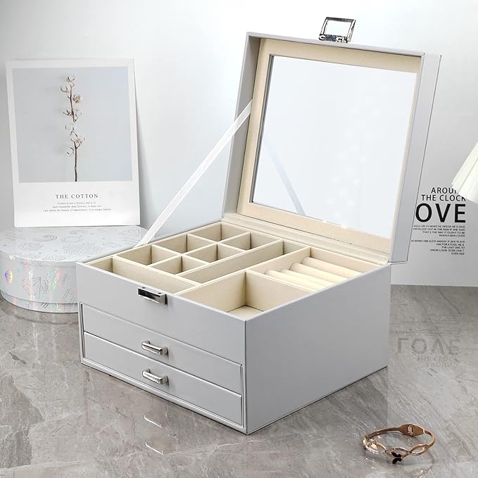 BOOVO Clear Lid Jewelry Box,3 Layers Jewelry Organizer Large Multi-Functional Jewelry Storage Box with 2 Drawers,Jewelry Display Case of Rings Earrings Necklace Bracelets for Women Girls (Grey)