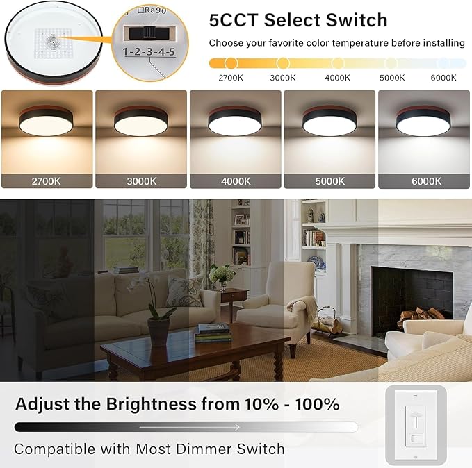 LED Dimmable Flush Mount Ceiling Light, Black and Wood, 5CCT in One, Minimalist Round Ceiling Lamp for Kitchen, Bedroom, Hallway, Living Room, 15.7 Inch