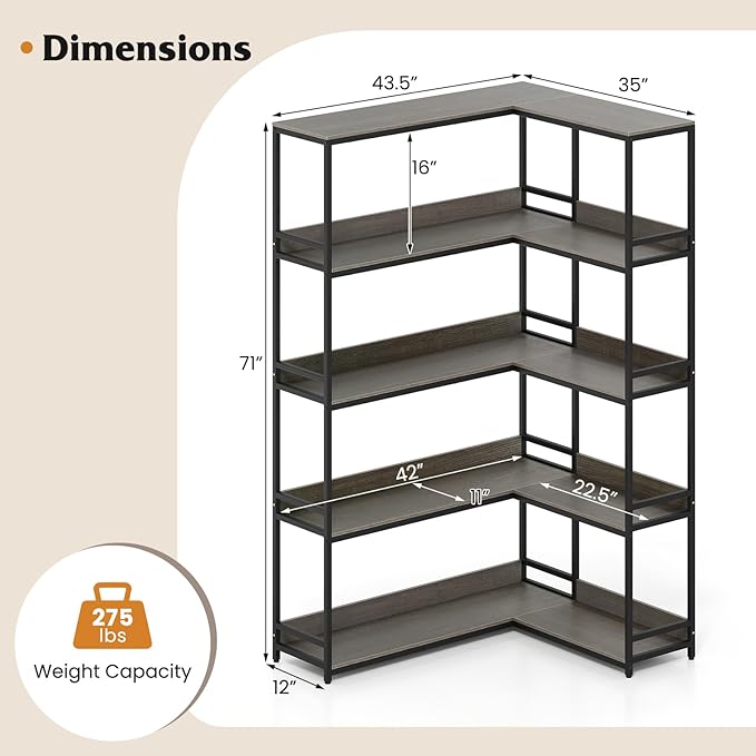 Tangkula Large Corner Bookshelf, 90 Degrees 5-Tier Industrial Wood Open Corner Bookcase for Small Spaces, Heavy-Duty Metal Frame, 71”H L-Shaped Storage Display Rack for Living Room (Oak)