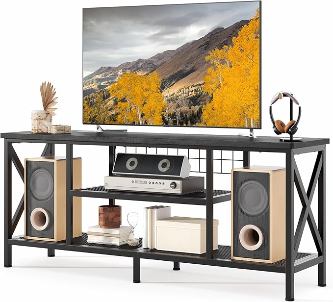 Gizoon TV Stand for 65 Inches TV, 59.8'' Entertainment Center with Metal Frame, TV Media Console Table with Open Storage Shelves, for Living Room, Bedroom, Black