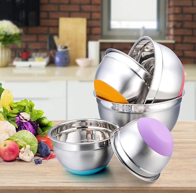 P&P CHEF Mixing Bowls with Lids Set of 5, Stainless Steel Nesting Salad Bowl with Lid & Base for Non-slip Mixing Prepping Storing Serving, 5 Sizes-7/3.5/2.5/1.5/1 QT, Multicolor