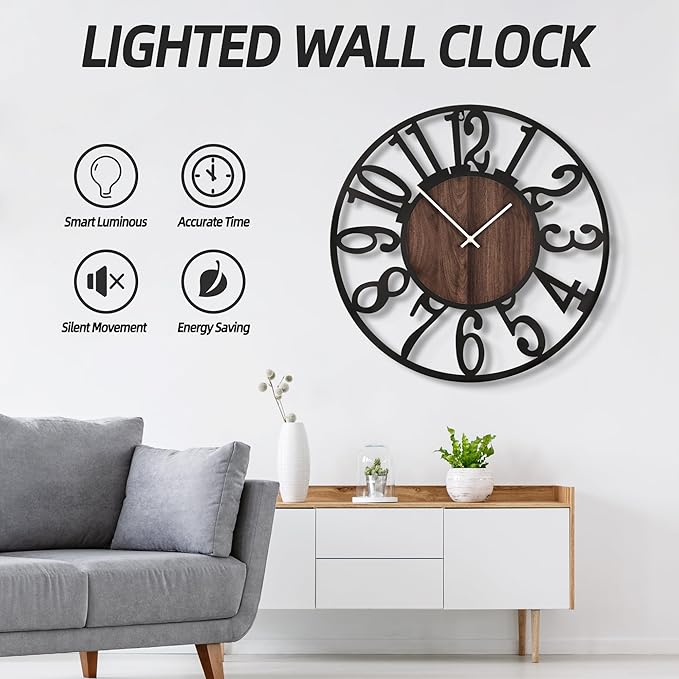 LEIKE Large Wall Clocks with Night Light Battery Operated,Silent Non Ticking,Rustic Modern Big Wood Clock for Living Room, Bedroom,Kitchen,Farmhouse,Office,Home Decor-30 Inch(Black-Arabic Number)