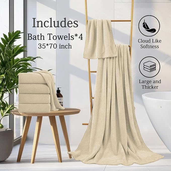 Extra Large Bath Towels Set 35x70 Inches - Beige Luxury 600 GSM Oversized Bath Sheet Towel,Ultra Soft Microfiber - Quick Dry,Highly Absorbent Shower Towels Spa Hotel Bathroom Towel Set (4-Pack)