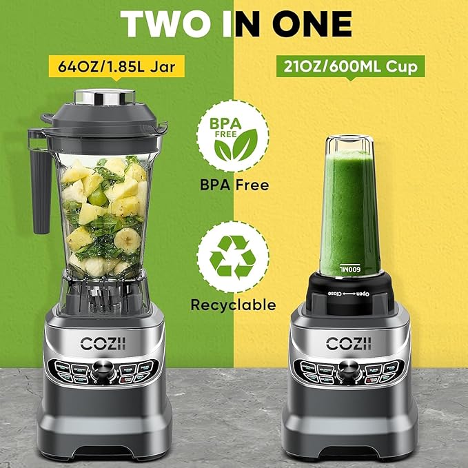 COZII Professional Blender 2000W, Smoothie Countertop Blenders for Kitchen, 64 Oz Pitcher/21-Oz To-go Cup, 7 Preset Programs for Ice Crush/Frozen Drinks/Dips/Nut Butter, High Speed, Dishwasher Safe