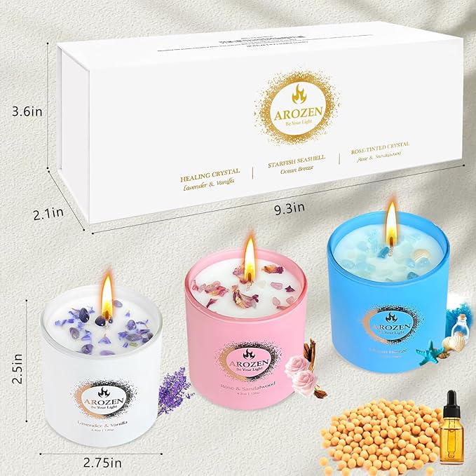 3 Pack Scented Candles Gift Set for Women, Birthday Gifts for Women, Valentines Day for her, Mothers Day Gifts, Candles for Home Scented of Lavender, Ocean Breeze & Rose Sandalwood