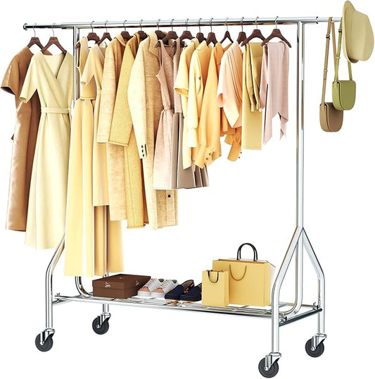 Heavy Duty Clothes Rack Load 500 LBS,Clothes Clothing Racks for Hanging Clothes with Lockable Wheels & Stable Shelves, Rolling Garment Wardrobe Portable Closet Rack,Sliver