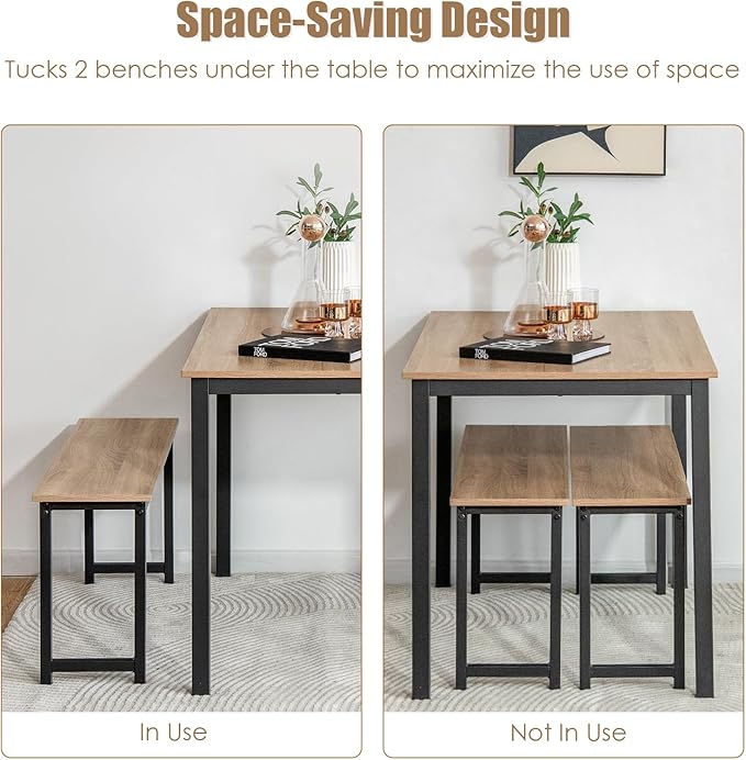 NAFORT 3-Piece Modern Dining Table Set for 4, 43.5" x 27.5" x 29.5", Black, Space-Saving with Under-Bench Storage, MDF Wood & Metal Frame, Ideal for Home & Restaurant