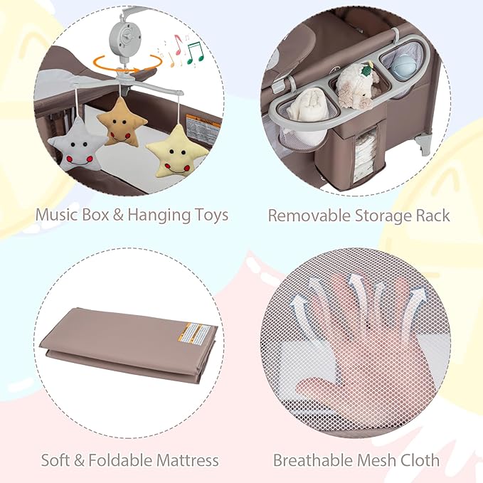 BABY JOY 5-in-1 Pack and Play, Portable Baby Bedside Sleeper with Bassinet, U-Shaped Diaper Changer, Safety Strap, Side Zipper Entrance, Bedside Crib Playard from Newborn to Toddlers (Coffee)