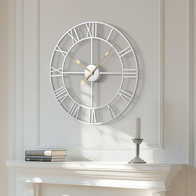 Silver Wall Clock for Living Room Decor, 24 Inch Large Metal Wall Clock Modern Luxury Roman Numeral Analog Battery-Operated Round Decorative Clocks for Bedroom, Kitchen, Office