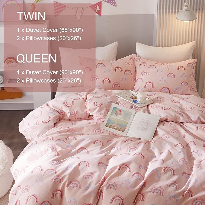 Ivellow Queen Duvet Cover Set 100% Cotton Rainbow Pink Kids Duvet Cover for Girls Cute Kawaii Bedding Set 3 Pcs Ultra Soft Breathable Toddler Teen Duvet Cover Patterned Cartoon Comforter Cover Bed Set