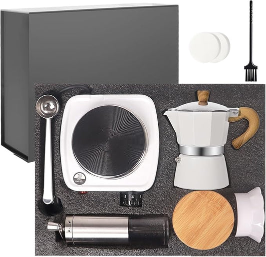 7-in-1 Aluminum Moka Pot Set with Electric Stove Hand Grinder Moka Dispenser Classic Stovetop Espresso Coffee Maker 150ml 5oz Mocha Express Portable Camping Travel Cafe Makers 3 Cup