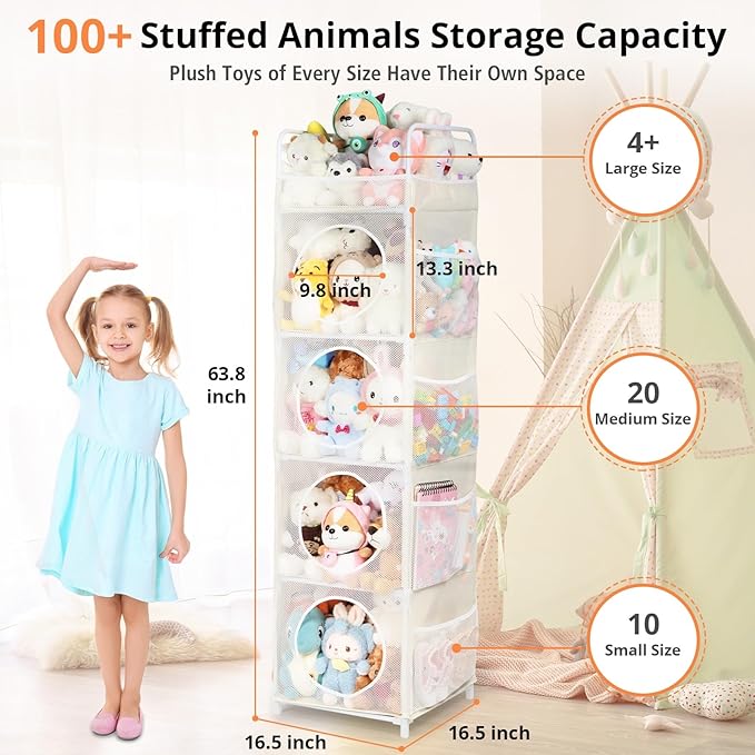 Stuffed Animal Storage, 5 Tier - 8 Side Pockets Toy Storage Organizer, 63.8" Space-Saving Corner Storage for Kids' Bedroom & Playroom, Ivory