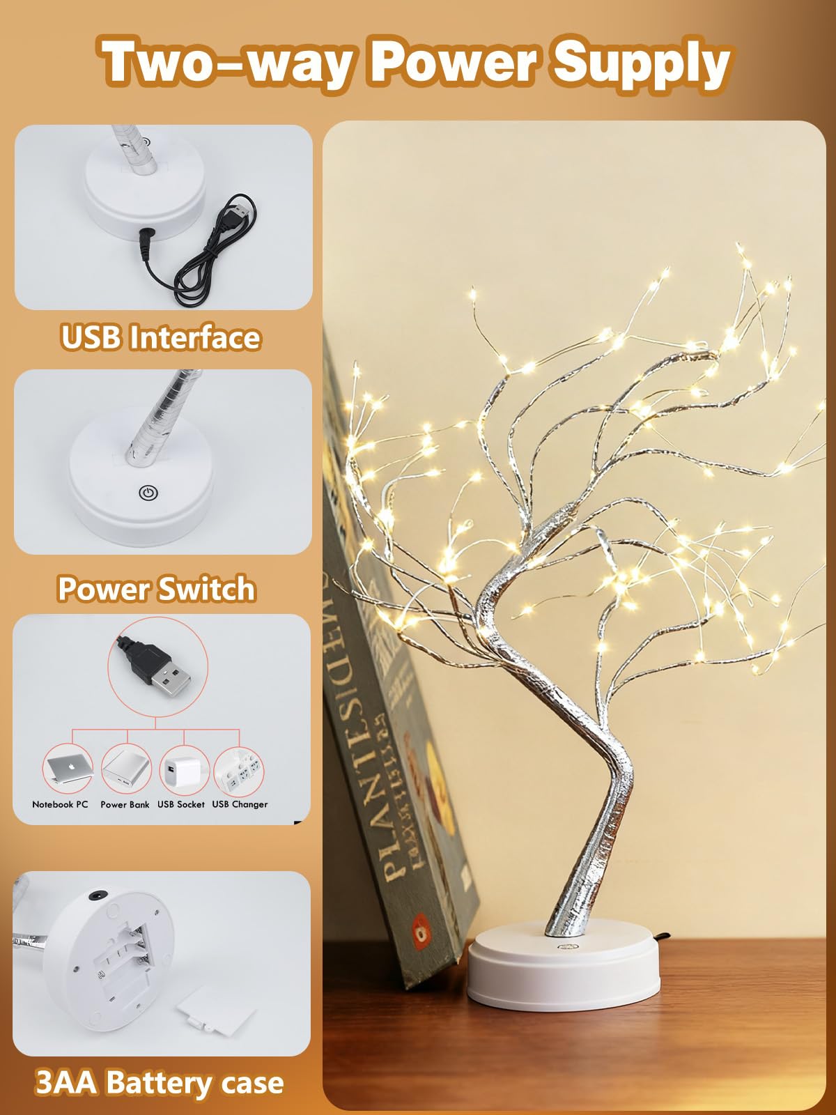 2 Pack Christmas Fairy Lights Spirit Tree, 20" 108 LED Tabletop Mini Twinkle Tree Lights Warm White with 2 Modes, USB & Battery Christmas Artificial Bonsai Trees Lamp for Home Bedroom Indoor DIY Decor